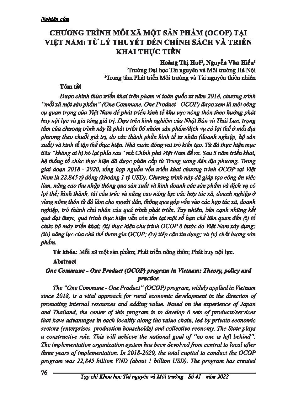 Chương trình mỗi xã một sản phẩm (ocop) tại việt nam: từ lý thuyết đen chính sách và triển khai thực tiễn = One Commune - One Product (OCOP) program in Vietnam: Theory, policy and practice