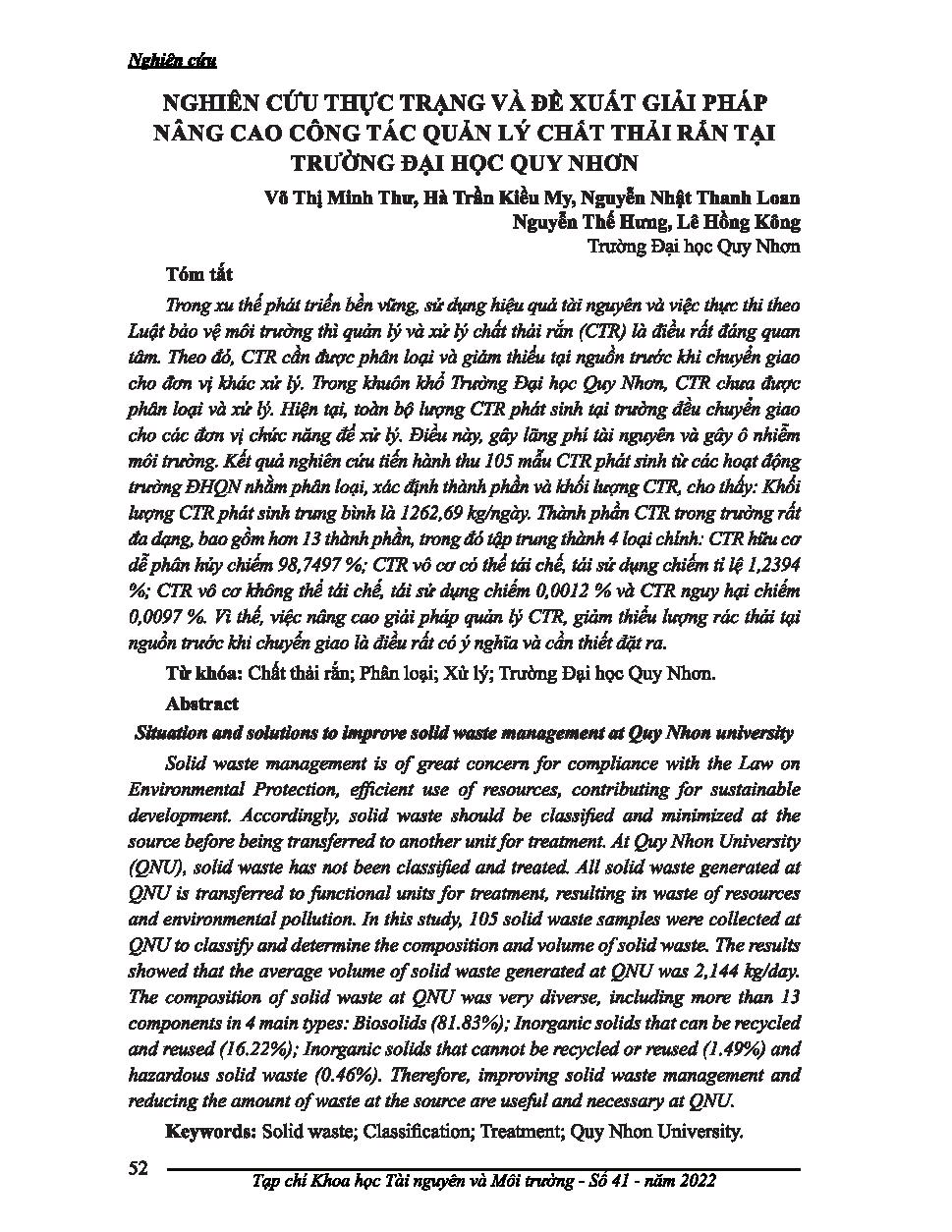 Nghiên cứu thực trạng và đề xuất giải pháp nâng cao công tác quản lý chất thải rắn tại trường đại học Quy Nhơn = Situation and solutions to improve solid waste management at Quy Nhon university