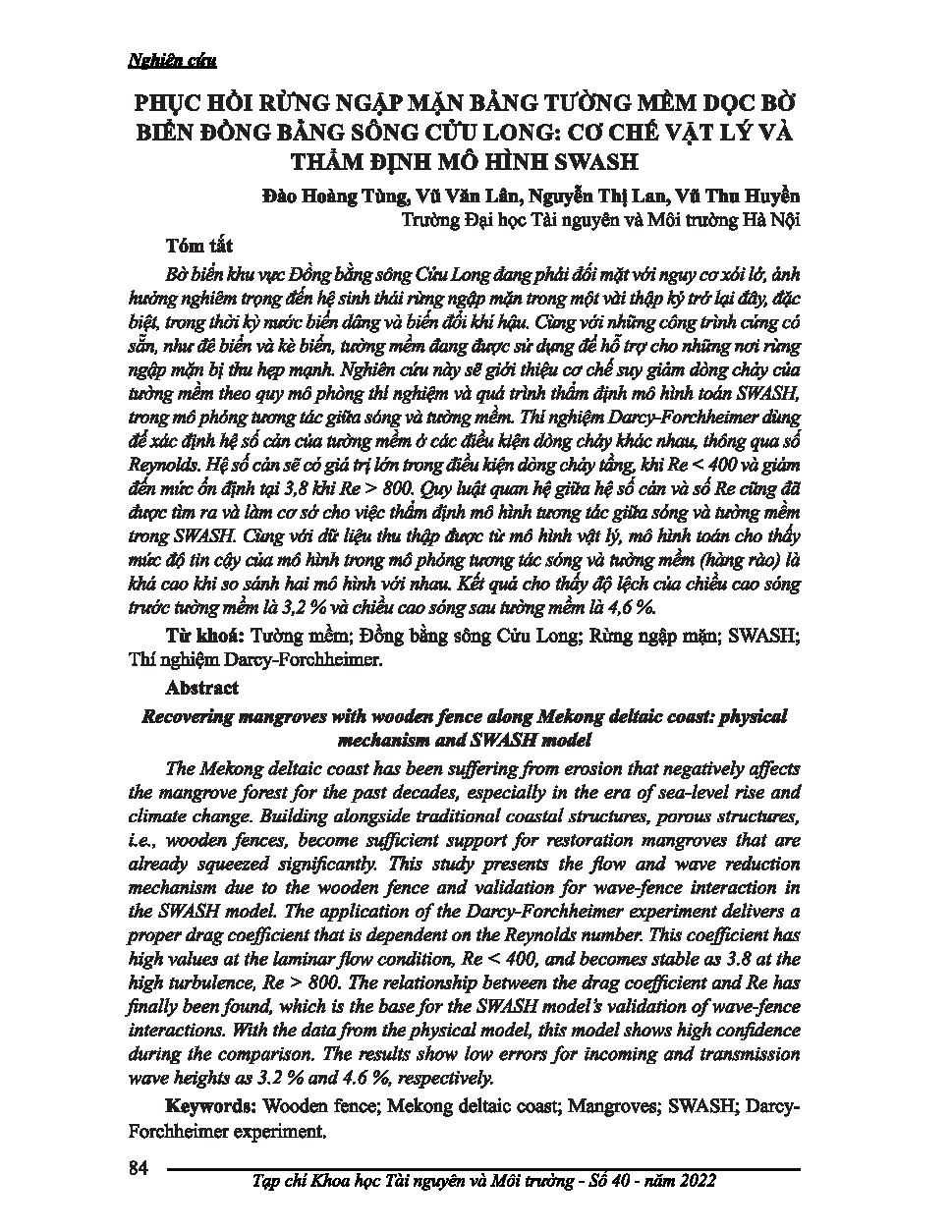 Phục hồi rừng ngập mặn bảng tường mềm dọc bờ biển đồng bằng sông Cửu Long: cơ chế vật lý và thảm định mô hình swash = Recovering mangroves with wooden fence along M ekong deltaic coast: physical mechanism and SWASH model