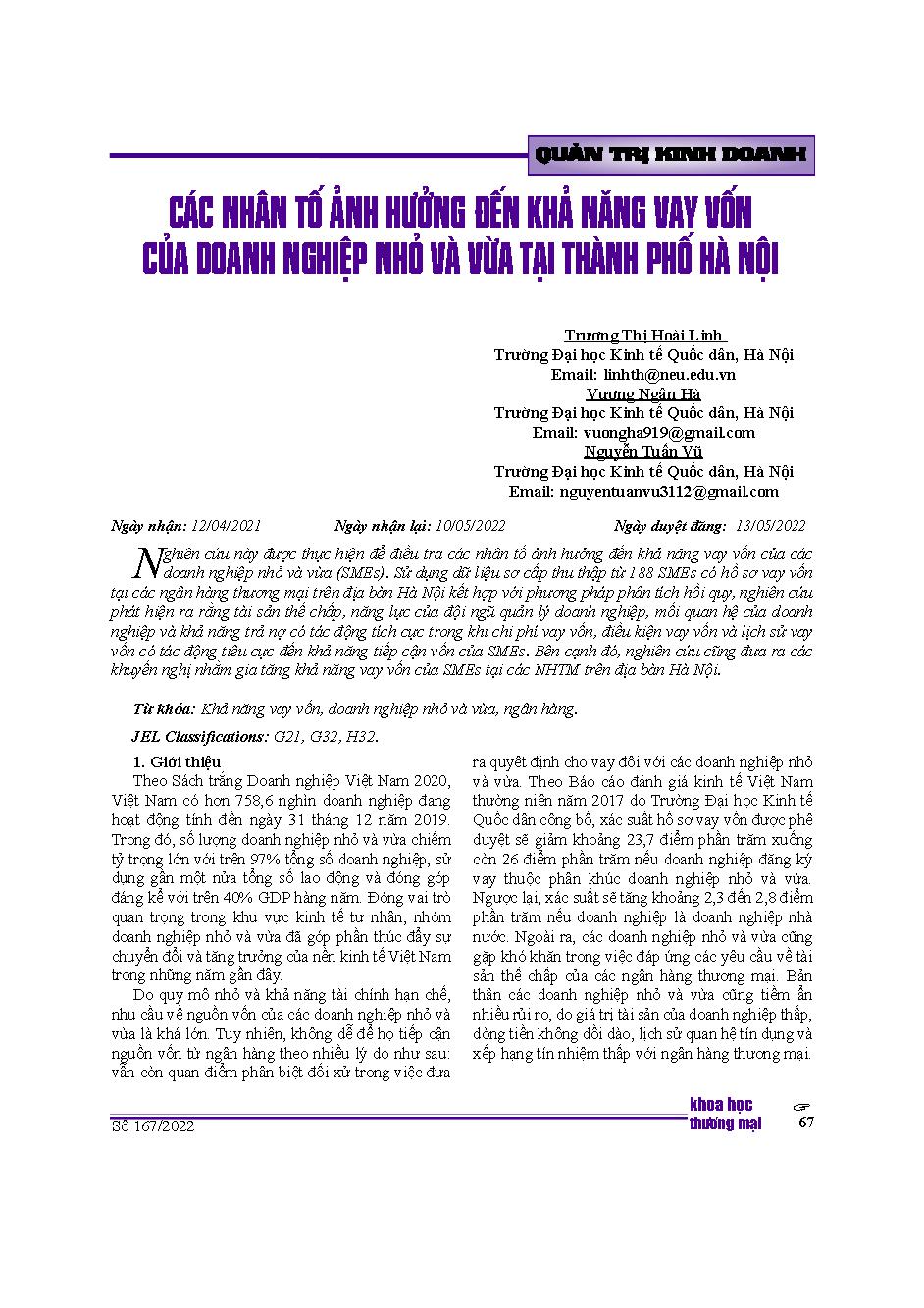 Các nhân tố ảnh hưởng đến khả năng vay vốn của doanh nghiệp nhỏ và vừa tại Thành phố Hà Nội