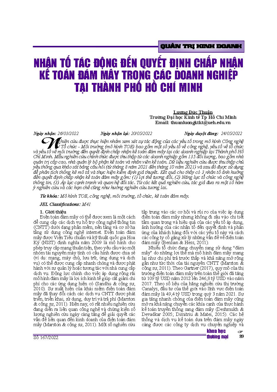 Nhân tố tác động đến quyết định chấp nhận kế toán đám mây trong các doanh nghiệp tại thành phố Hồ Chí Minh