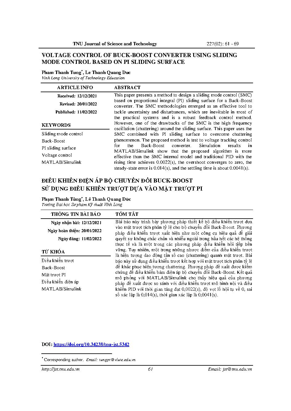 Điều khiển điện áp bộ chuyển đổi buck-boost sử dụng điều khiển trượt dựa vào mặt trượt PI = Voltage control of buck-boost converter using sliding mode control based on PI sliding surface