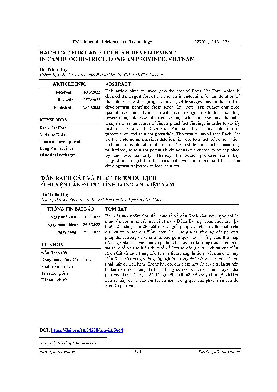 Đồn Rạch Cát và phát triển du lịch ở huyện Cần Đước, tỉnh Long An, Việt Nam = Rach Cat fort and tourism development in Can Duoc district, Long An province, Viet Nam