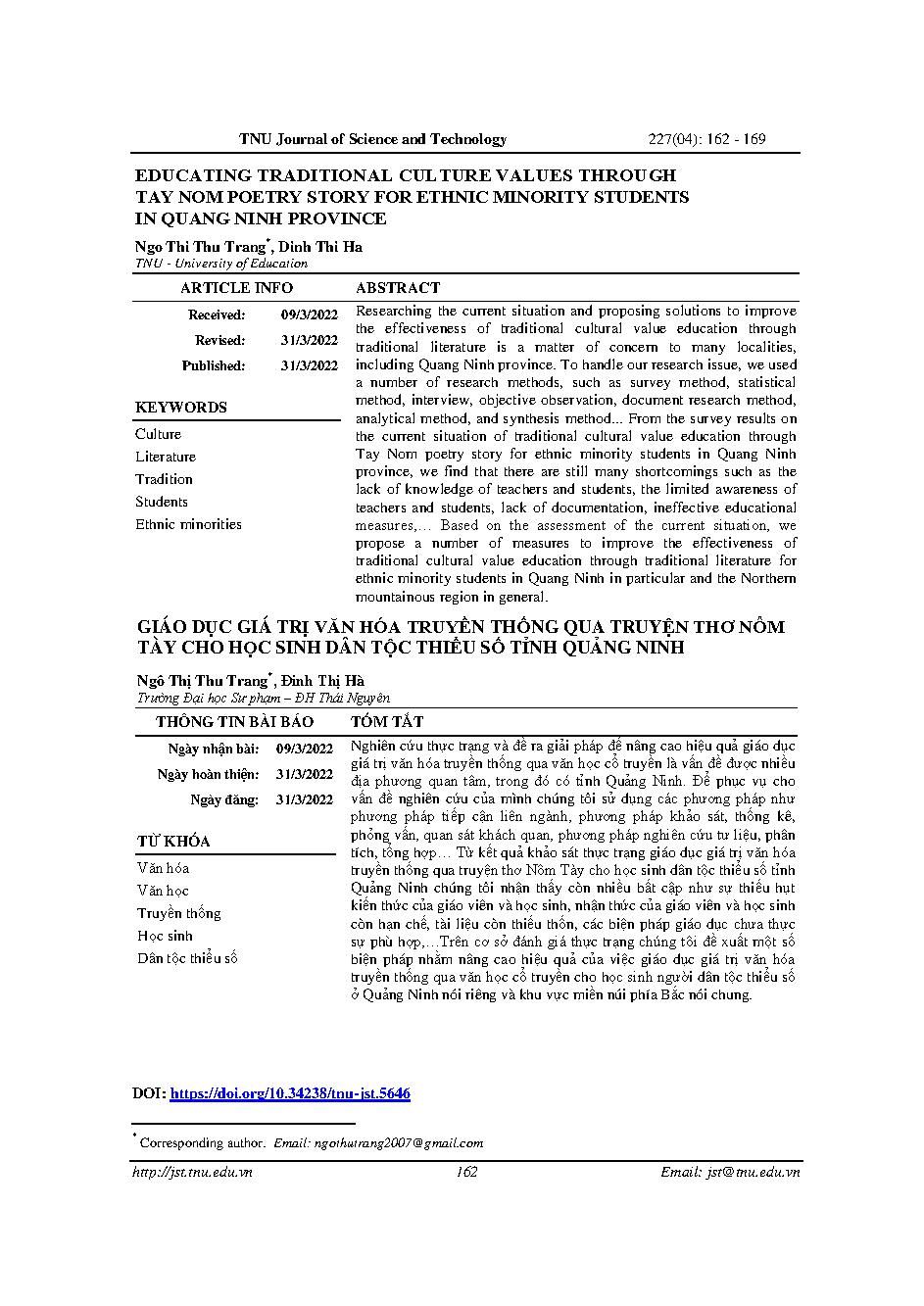 Giáo dục giá trị văn hóa truyền thống qua truyện thơ nôm Tày cho học sinh dân tộc thiểu số tỉnh Quảng Ninh = Educating traditional culture values through Tay nom poetry story for ethnic minority students in Quang Ninh province