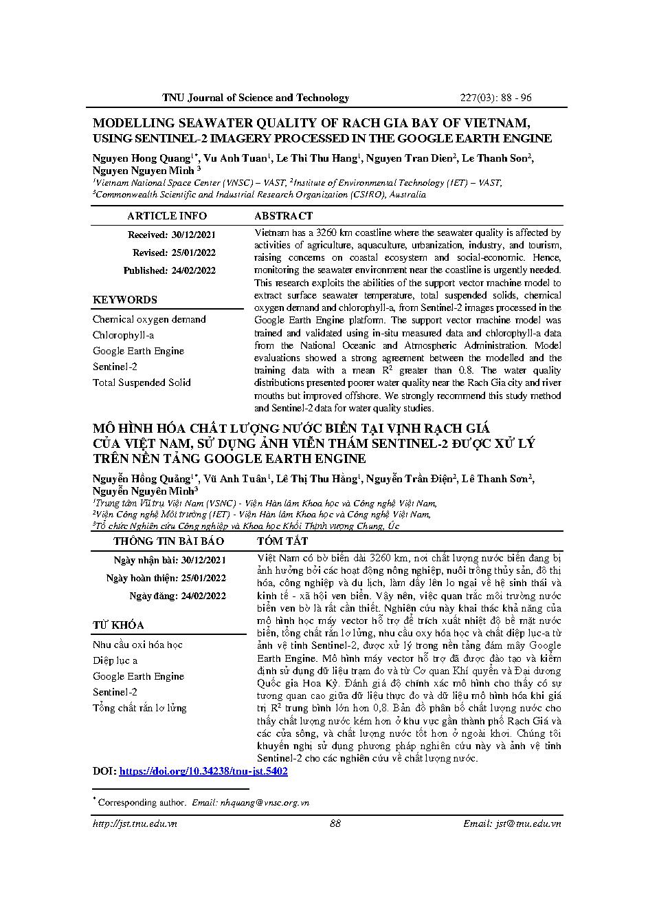 Mô hình hóa chất lượng nước biển tại vịnh rạch giá của Việt Nam, sử dụng ảnh viễn thám sentinel-2 được xử lý trên nền tảng Google Earth Engine = Modelling seawater quality of Rach Gia bay of Vietnam, using sentinel-2 imagery processed in the Google Earth 