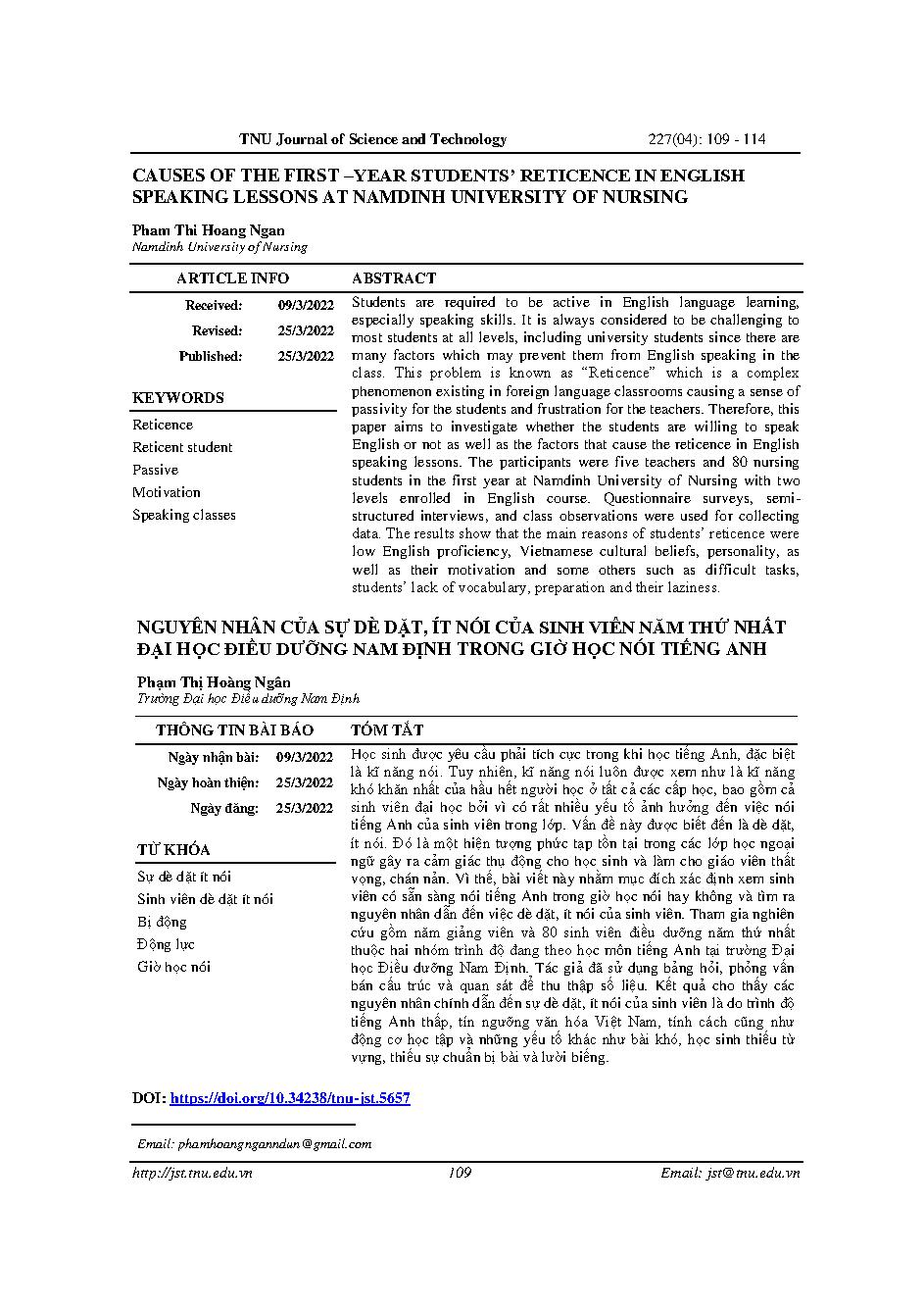 Nguyên nhân của sự dè dặt, ít nói của sinh viên năm thứ nhất Đại học Điều dưỡng Nam Định trong giờ học nói tiếng Anh = Causes of the first –year students’ reticence in english speaking lessons at Nam Dinh university of nursing
