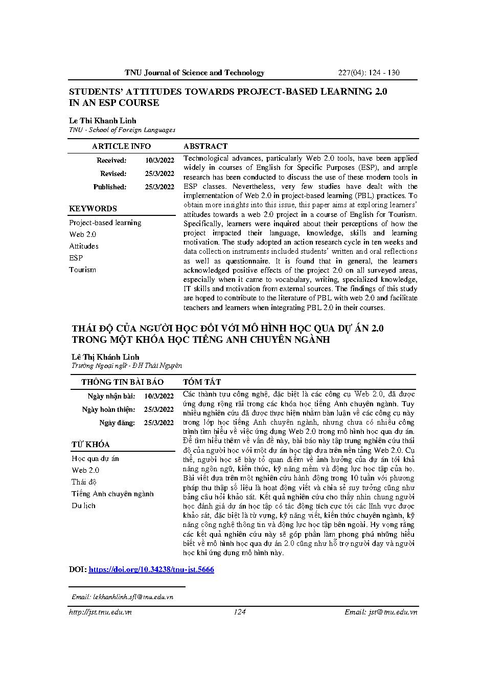 Thái độ của người học đối với mô hình học qua dự án 2.0 trong một khóa học tiếng Anh chuyên ngành = Students’ attitudes towards project-based learning 2.0 in an ESP course