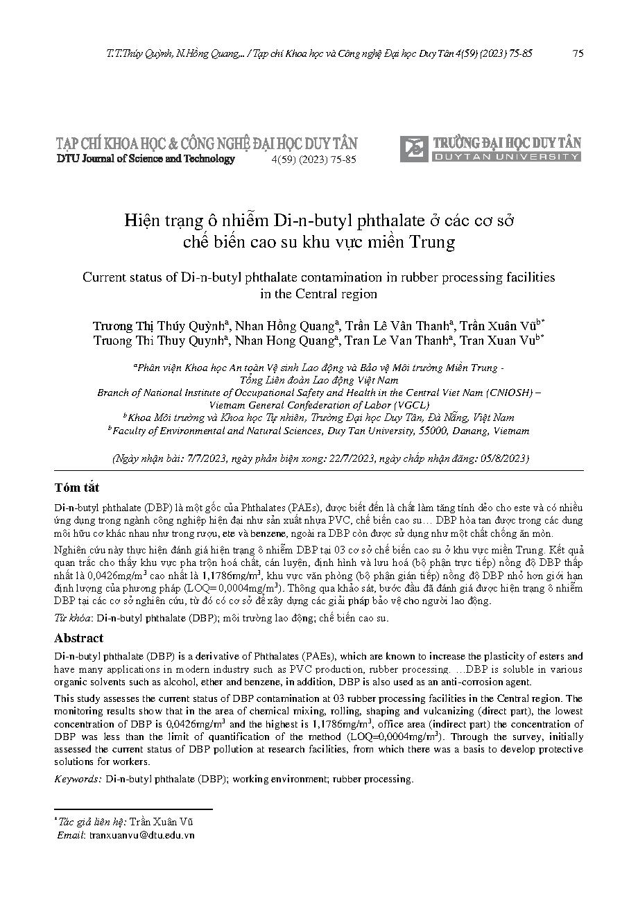 Hiện trạng ô nhiễm Di-n-butyl phthalate ở các cơ sở chế biến cao su khu vực miền Trung = Current status of Di-n-butyl phthalate contamination in rubber processing facilities in the Central region