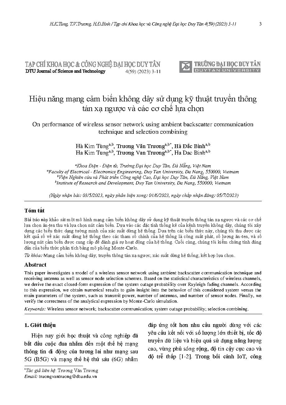 Hiệu năng mạng cảm biến không dây sử dụng kỹ thuật truyền thông tán xạ ngược và các cơ chế lựa chọn = On performance of wireless sensor network using ambient backscatter communication technique and selection combining