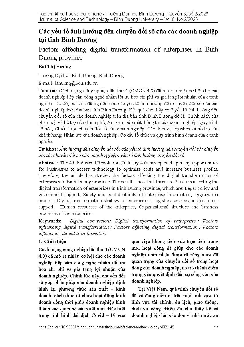 Các yếu tố ảnh hưởng đến chuyển đổi số của các doanh nghiệp tại tỉnh Bình Dương = Factors affecting digital transformation of enterprises in Binh Duong province