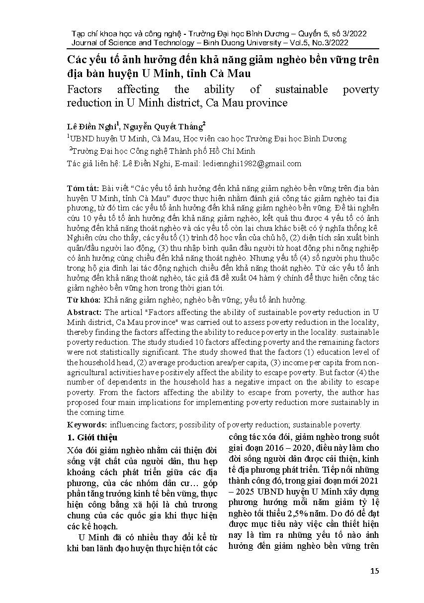 Các yếu tố ảnh hưởng đến khả năng giảm nghèo bền vững trên địa bàn huyện U Minh, tỉnh Cà Mau = Factors affecting the ability of sustainable poverty reduction in U Minh district, Ca Mau province