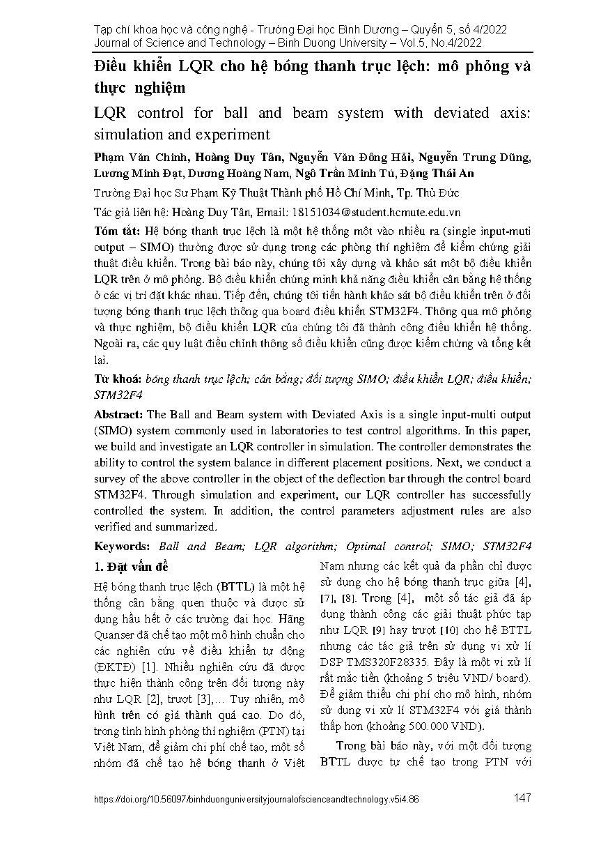 Điều khiển LQR cho hệ bóng thanh trục lệch: mô phỏng và thực nghiệm = LQR control for ball and beam system with deviated axis: simulation and experiment