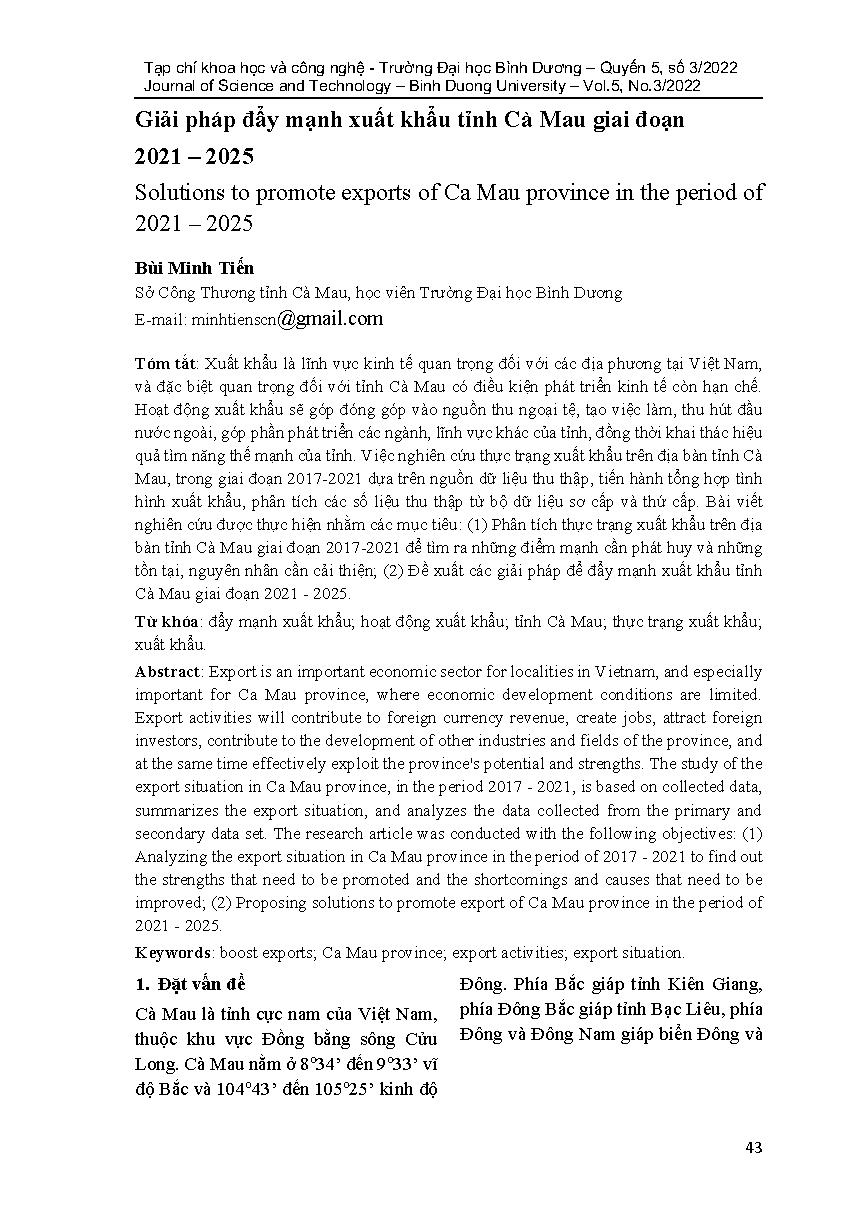 Giải pháp đẩy mạnh xuất khẩu tỉnh Cà Mau giai đoạn 2021 – 2025 = Solutions to promote exports of Ca Mau province in the period of 2021 – 2025