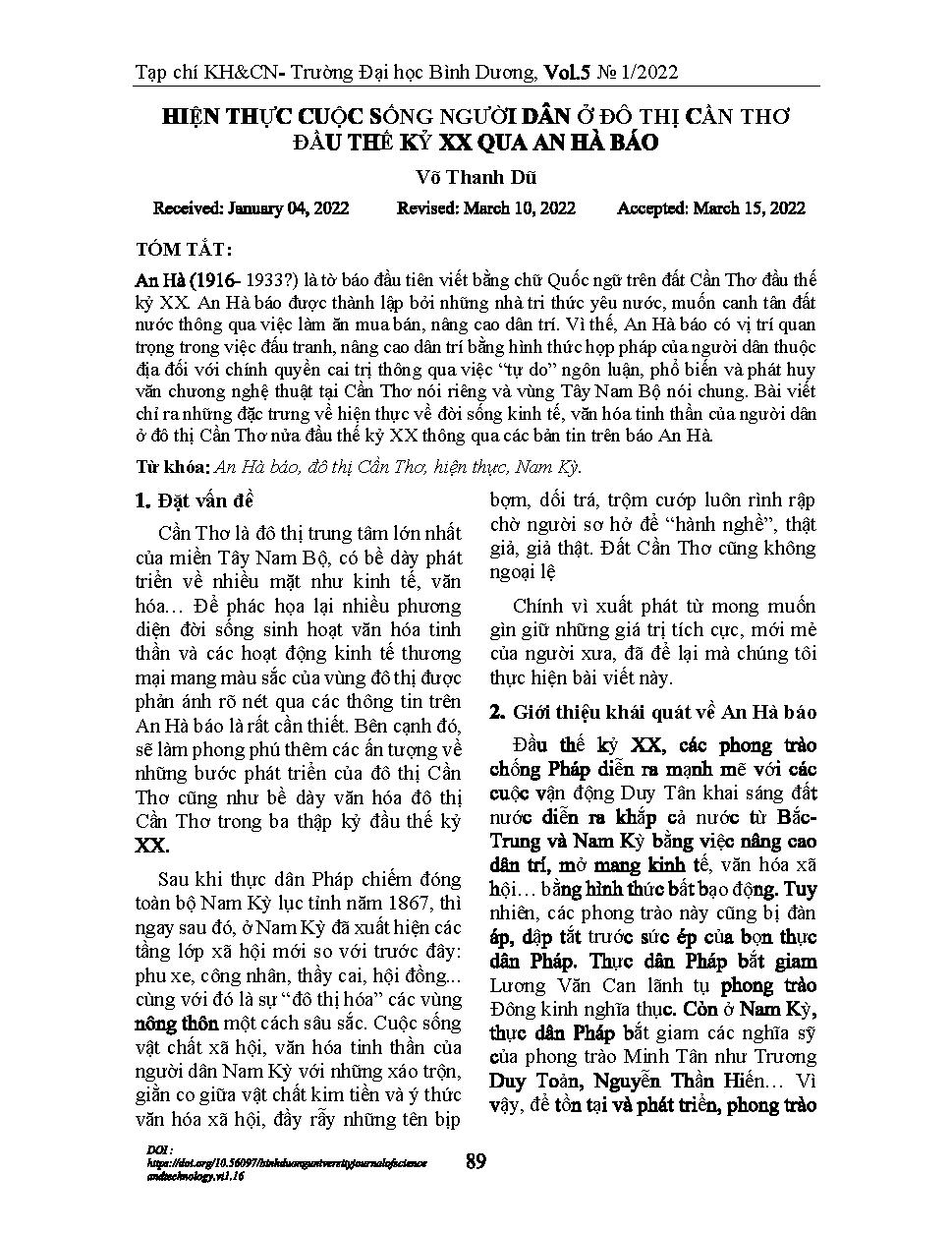 Hiện thực cuộc sống người dân ở đô thị Cần Thơ đầu thế kỷ XX qua An Hà báo = The reality of living people in urban Can Tho century XX through An Ha newspaper