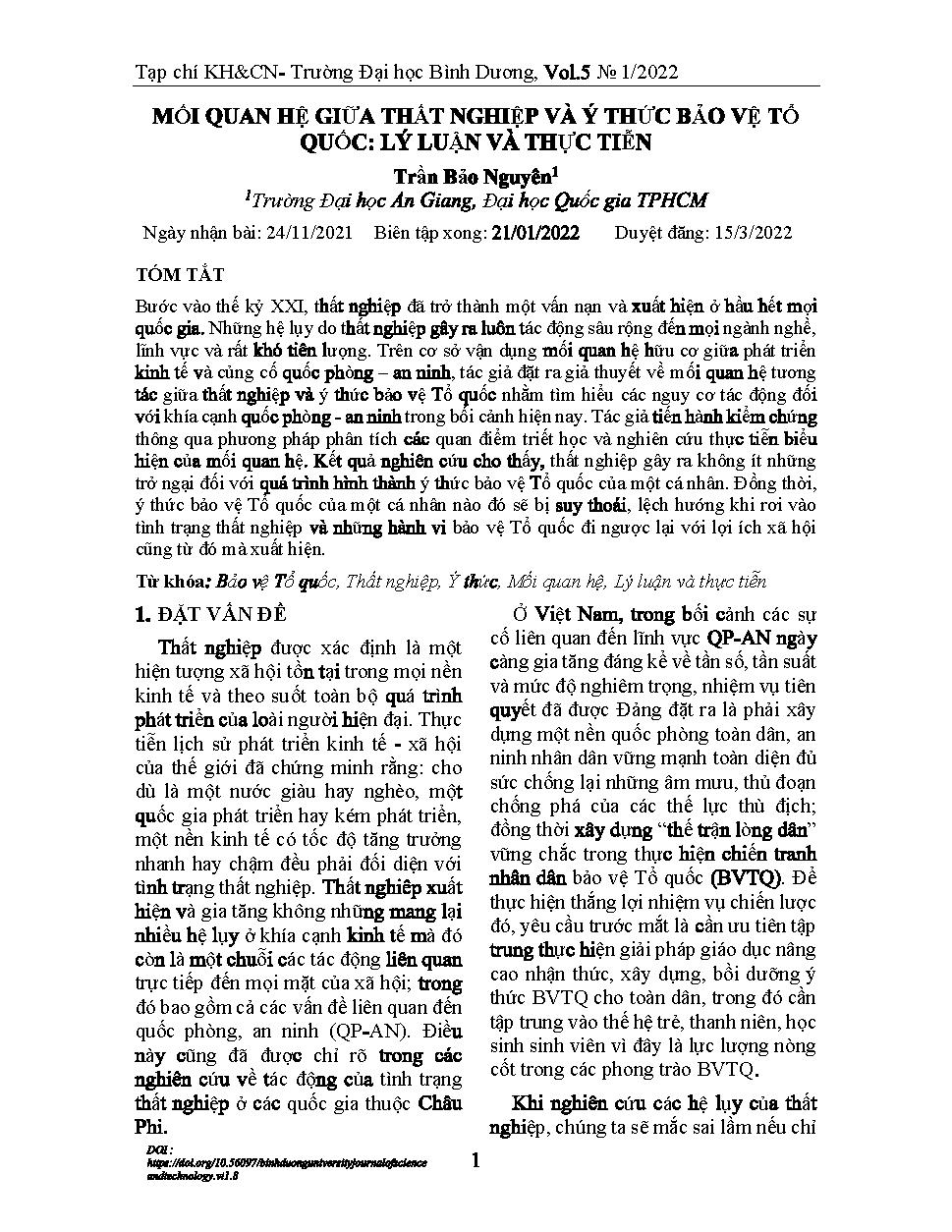 Mối quan hệ giữa thất nghiệp và ý thức bảo vệ tổ quốc: lý luận và thực tiễn = Relationship between unemployment and convention of protection of the country: theoretical and practice