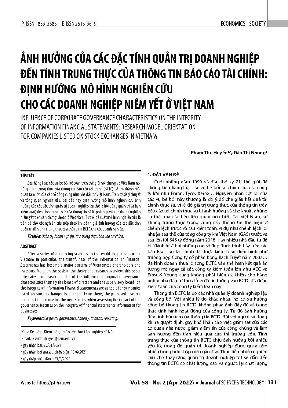 Ảnh hưởng của các đặc tính quản trị doanh nghiệp đến tính trung thực của thông tin báo cáo tài chính: định hướng mô hình nghiên cứu cho các doanh nghiệp niêm yết ở Việt Nam = Influence of corporate governance characteristics on the integrity of informatio