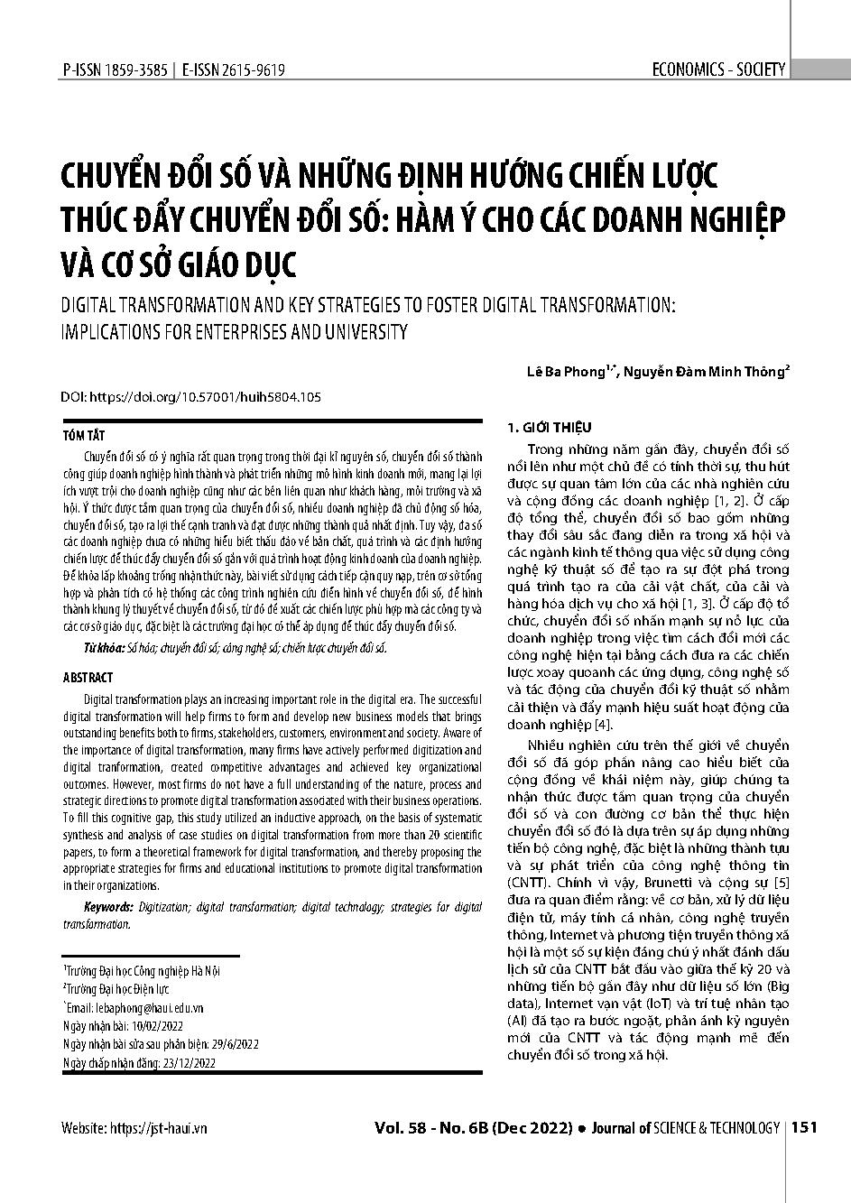 Chuyển đổi số và những định hướng chiến lược thúc đẩy chuyển đổi số: Hàm ý cho các doanh nghiệp và cơ sở giáo dục = Digital transformation and key strategies to foster digital transformation: Implications for Enterprises and University