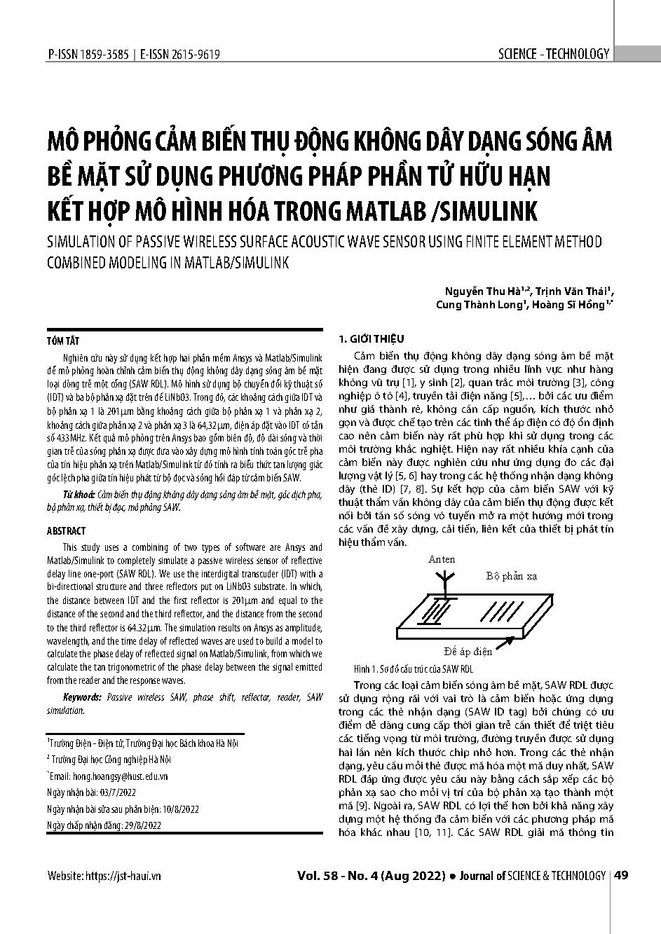 Mô phỏng cảm biến thụ động không dây dạng sóng âm bề mặt sử dụng phương pháp phần tử hữu hạn kết hợp mô hình hóa trong Matlab /Simulink = Simulation of passive wireless surface acoustic wave sensor using finite element method combined modeling in Matlab/S