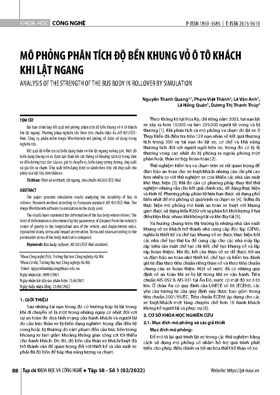 Mô phỏng phân tích độ bền khung vỏ ô tô khách khi lật ngang = Analysis of the strength of the bus body in rollover by simulation