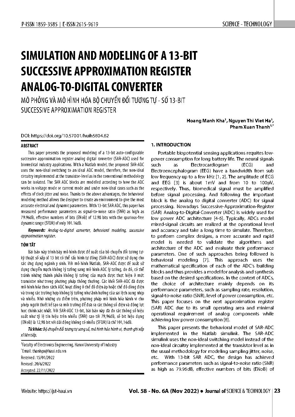 Mô phỏng và mô hình hóa bộ chuyển đổi tương tự-số 13-bit Successive Approximation Register = Simulation and Modeling of a 13-bit Successive Approximation Register Analog-to-Digital Converter
