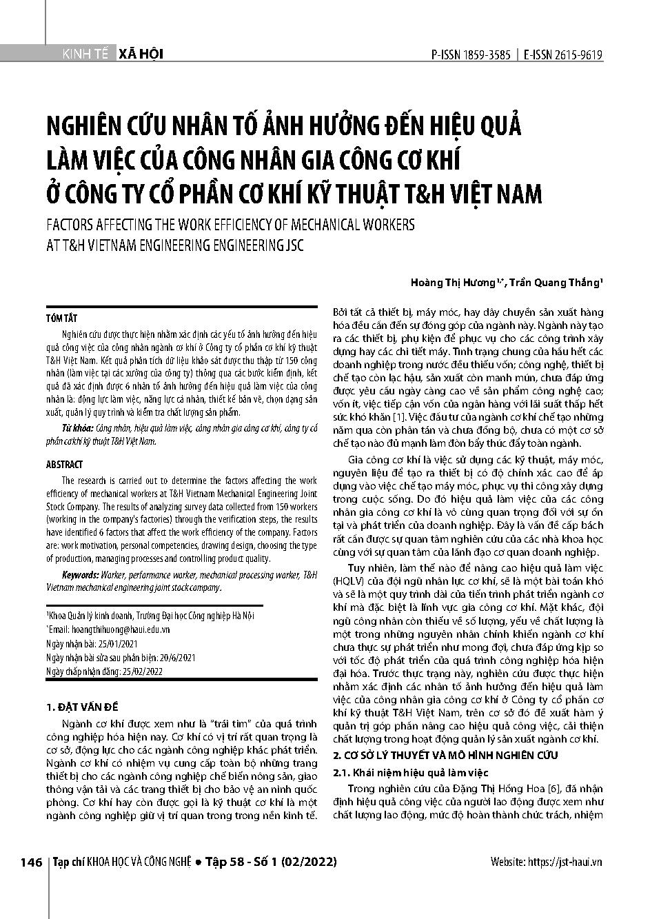 Nghiên cứu nhân tố ảnh hưởng đến hiệu quả làm việc của công nhân gia công cơ khí ở Công ty Cổ phần cơ khí kỹ thuật T&H Việt Nam = Factors affecting the work efficiency of mechanical workers at T&H Vietnam Engineering Engineering JSC