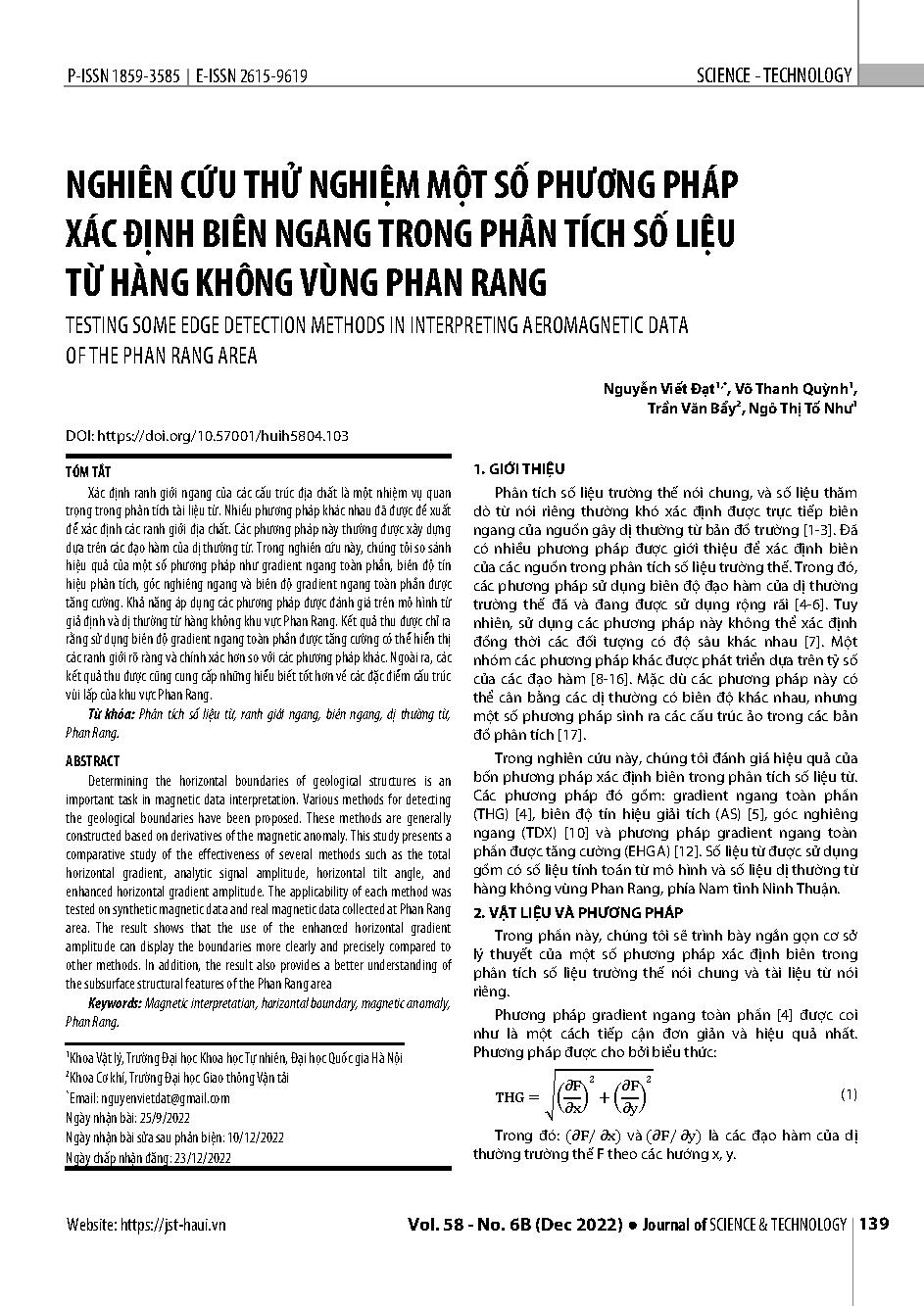 Nghiên cứu thử nghiệm một số phương pháp xác định biên ngang trong phân tích số liệu từ hàng không vùng Phan Rang = Testing some edge detection methods in interpreting aeromagnetic data of the Phan Rang area