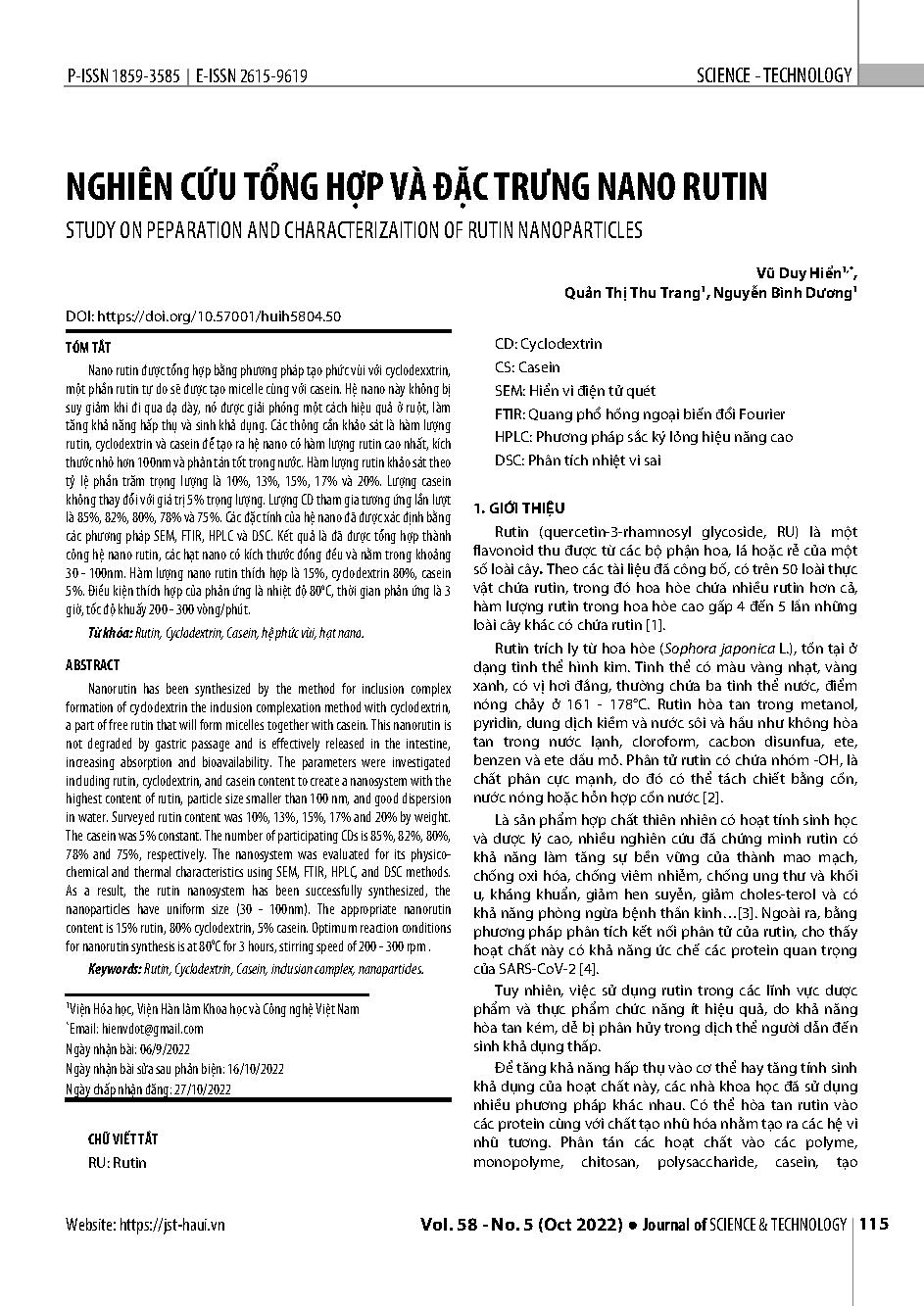 Nghiên cứu tổng hợp và đặc trưng nano rutin = Study on peparation and characterizaition of rutin nanoparticles