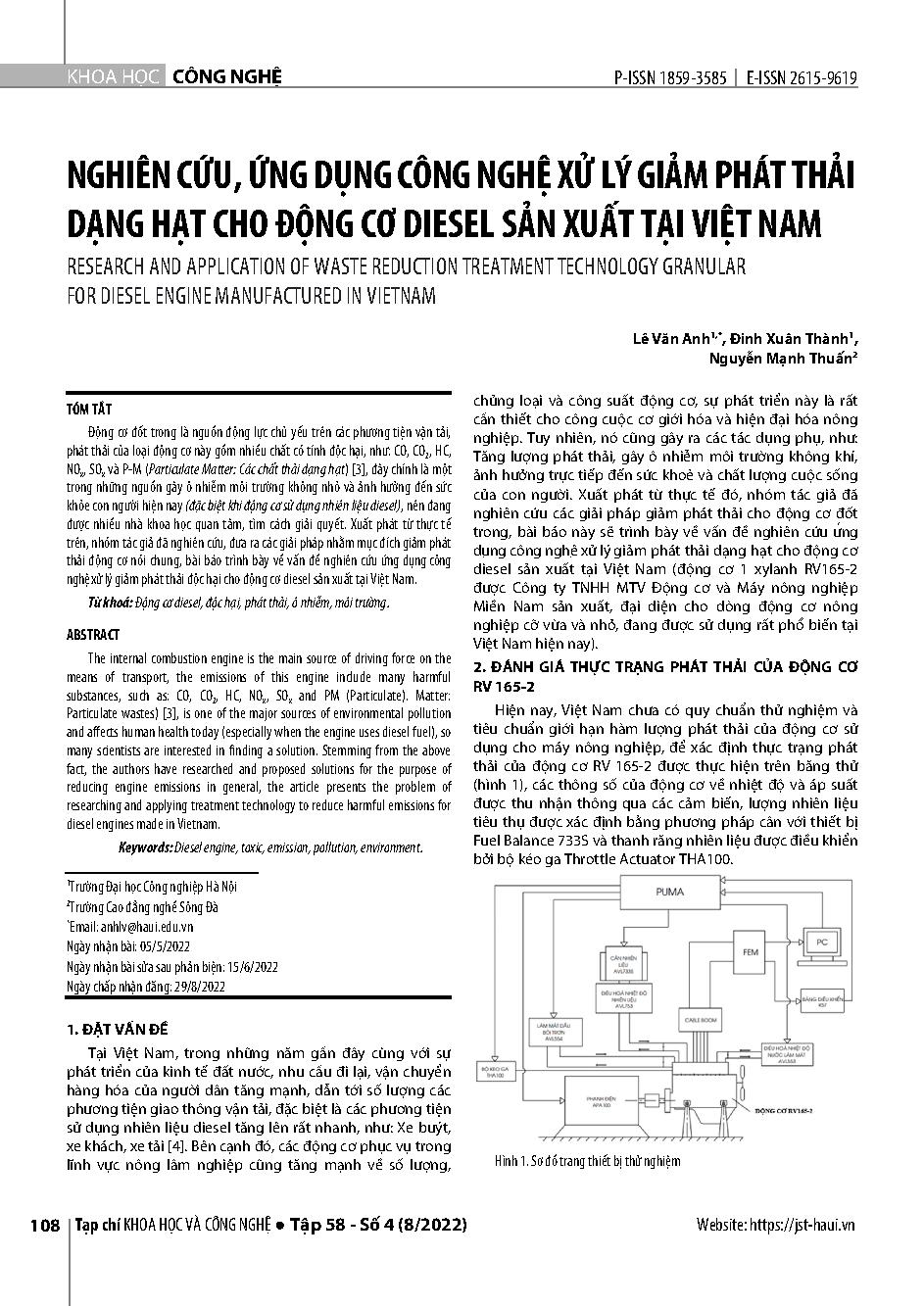 Nghiên cứu, ứng dụng công nghệ xử lý giảm phát thải dạng hạt cho động cơ diesel sản xuất tại Việt Nam = Research and application of waste reduction treatment technology granular for diesel engine manufactured in Vietnam