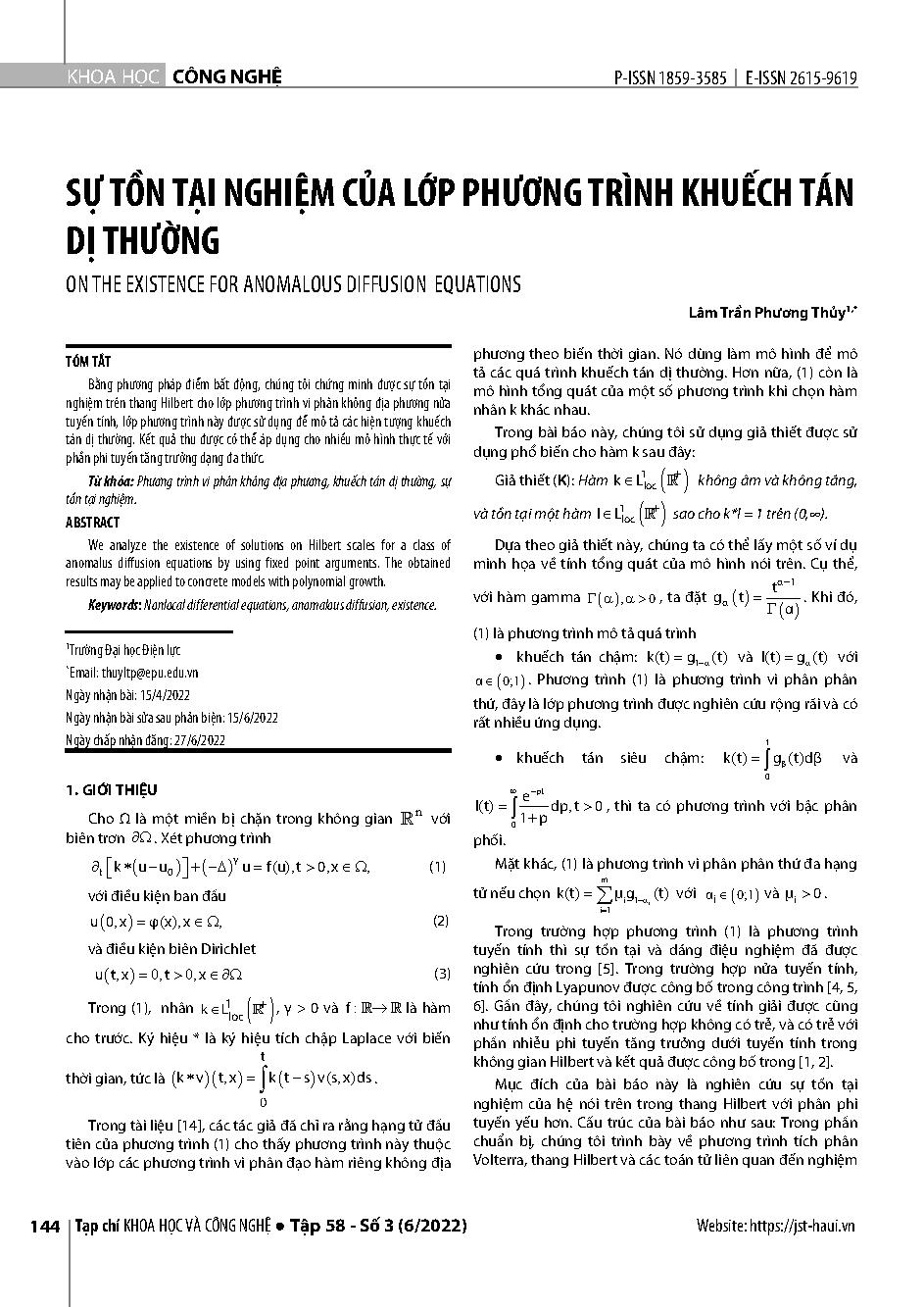 Sự tồn tại nghiệm của lớp phương trình khuếch tán dị thường = On the existence for anomalous diffusion equations