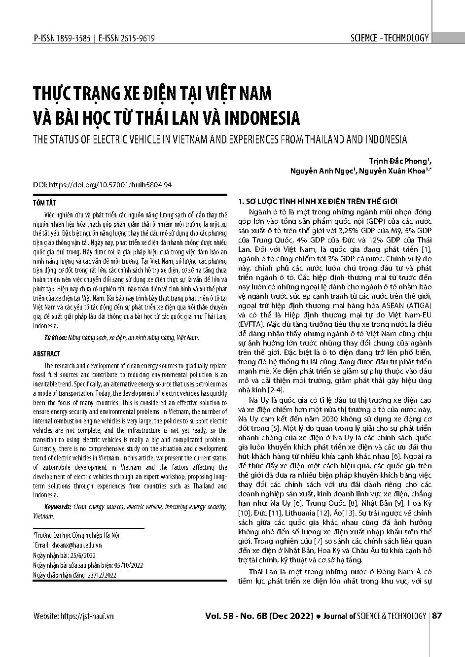 Thực trạng xe điện tại Việt Nam và bài học từ Thái Lan và Indonesia = The status of electric vehicle in Vietnam and experiences from Thailand and Indonesia