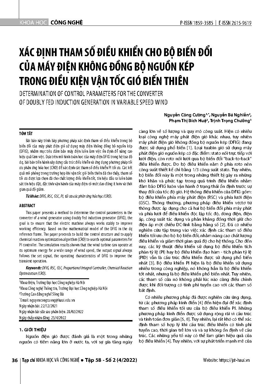 Xác định tham số điều khiển cho bộ biến đổi của máy điện không đồng bộ nguồn kép trong điều kiện vận tốc gió biến thiên = Determination of control parameters for the converter of doubly fed induction generation in variable speed wind