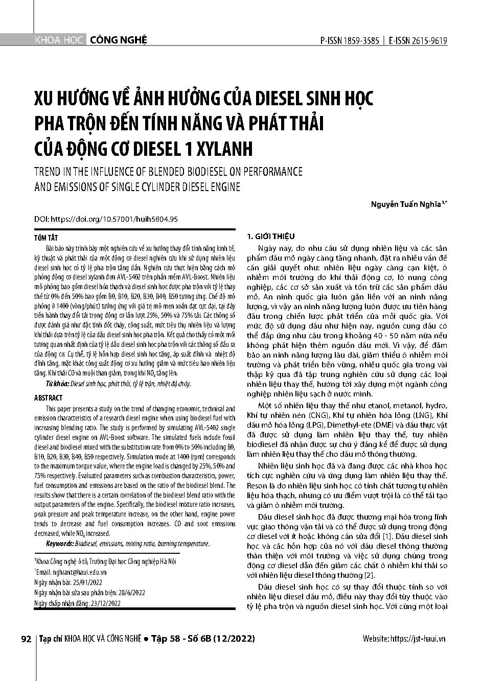 Xu hướng về ảnh hưởng của diesel sinh học pha trộn đến tính năng và phát thải của động cơ diesel 1 xylanh = Trend in the influence of blended biodiesel on performance and emissions of single cylinder diesel engine