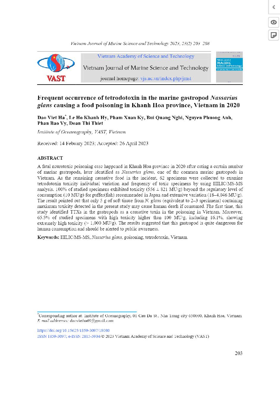 Thường xuyên xuất hiện độc tố tetroclotoxin ở loài chân bụng biển Nassarius qui đầu gây ngộ độc thực phẩm tại tỉnh Khánh Hòa, Việt Nam năm 2020 = Frequent occurrence of tetroclotoxin in the marine gastropod Nassarius glans causing a food poisoning in Khan