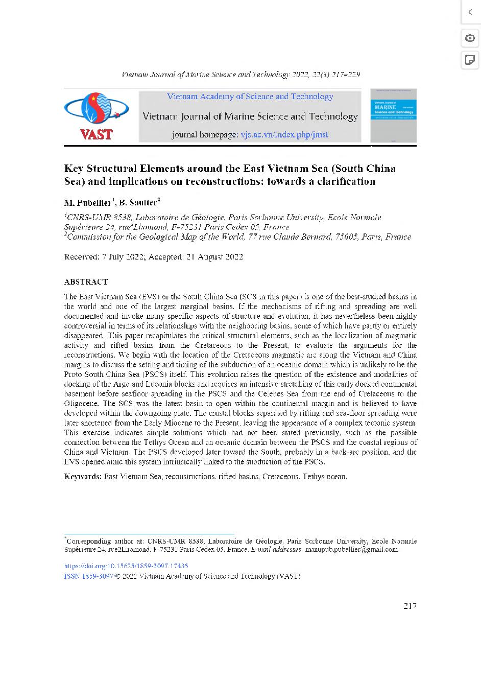 Các yếu tố cấu trúc chính xung quanh Biển Đông Việt Nam (Biển Đông) và ý nghĩa đối với việc tái thiết: hướng tới làm rõ = Key Structural Elements around the East Vietnam Sea (South China Sea) and implications on reconstructions: towards a clarification