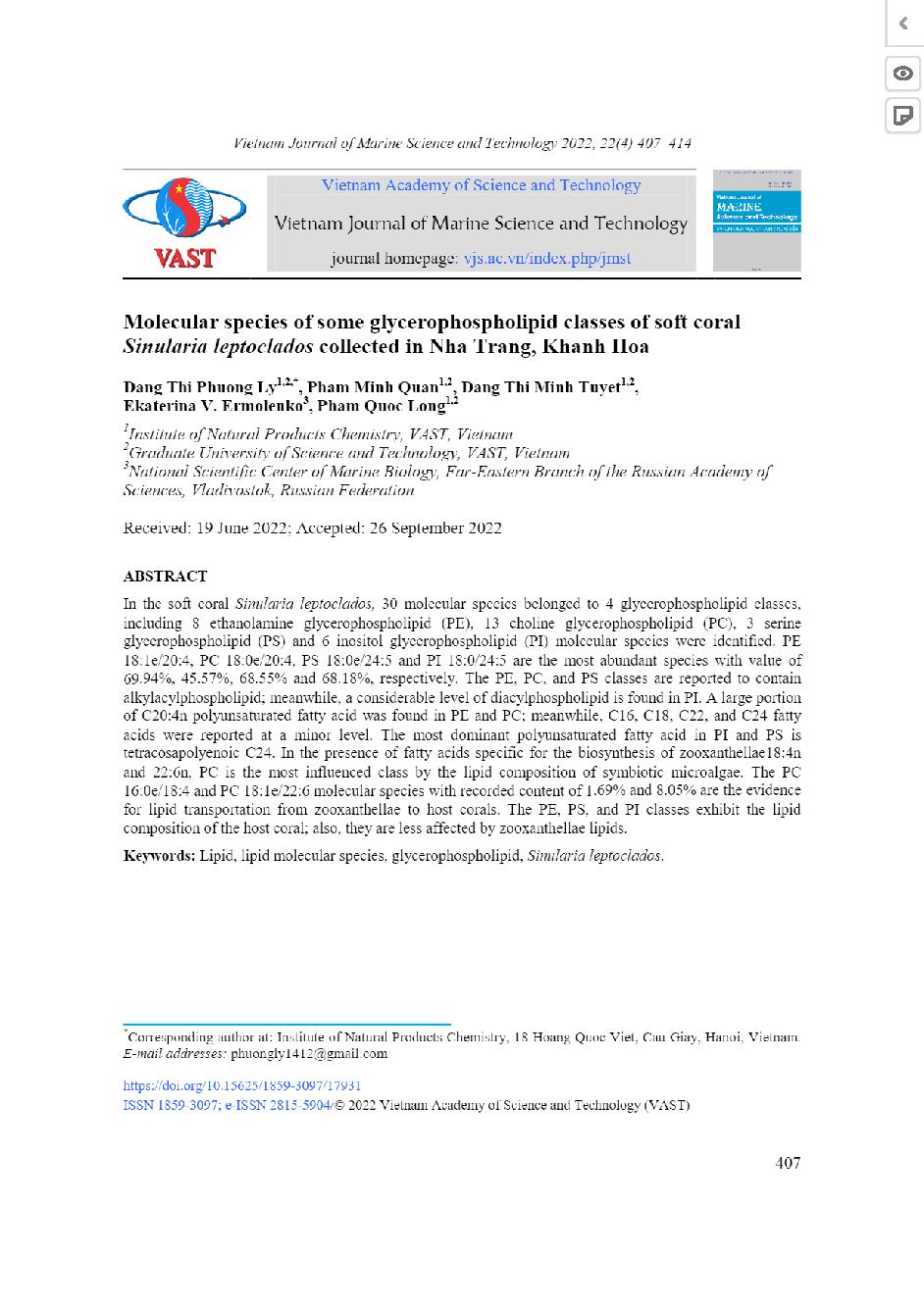 Thành phần phân tử một số lớp glycerophospholipid của san hô mềm Sinularia leptoclados thu thập tại Nha Trang, Khánh Hòa = Molecular species of some glycerophospholipid classes of soft coral Sinularia leptoclados collected in Nha Trang, Khanh Hoa