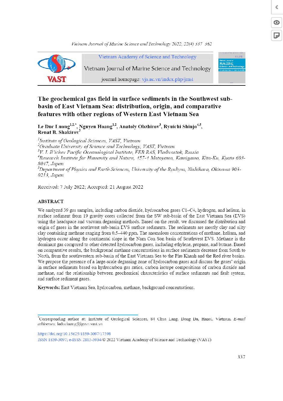 Trường địa hóa khí trong trầm tích bề mặt tiểu trũng Tây Nam Biển Đông Việt Nam: phân bố, nguồn gốc và đặc điểm so sánh với các khu vực Tây Biển Đông Việt Nam = The geochemical gas field in surface sediments in the Southwest sub-basin of East Vietnam Sea: