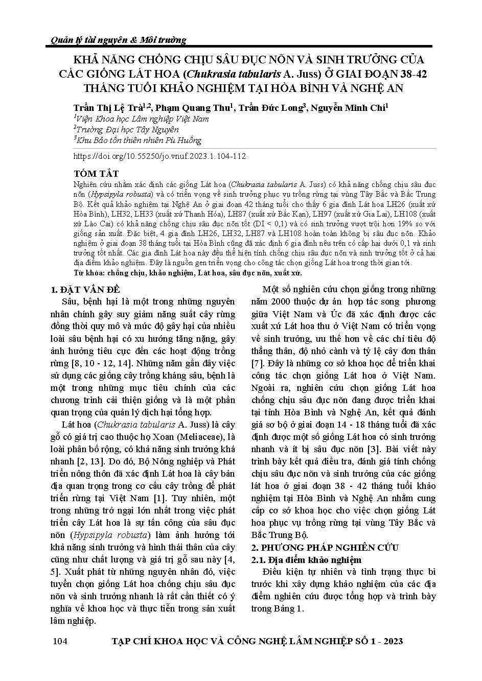 Khả năng chống chịu sâu đục nõn và sinh trưởng của các giống lát hoa (chukrasia tabularis a. juss) ở giai đoạn 38-42 tháng tuổi khảo nghiệm tại Hòa Bình và Nghệ An = Shoot borer tolerance and growth of 38-42 month-old chukrasia tabularis trials planted in