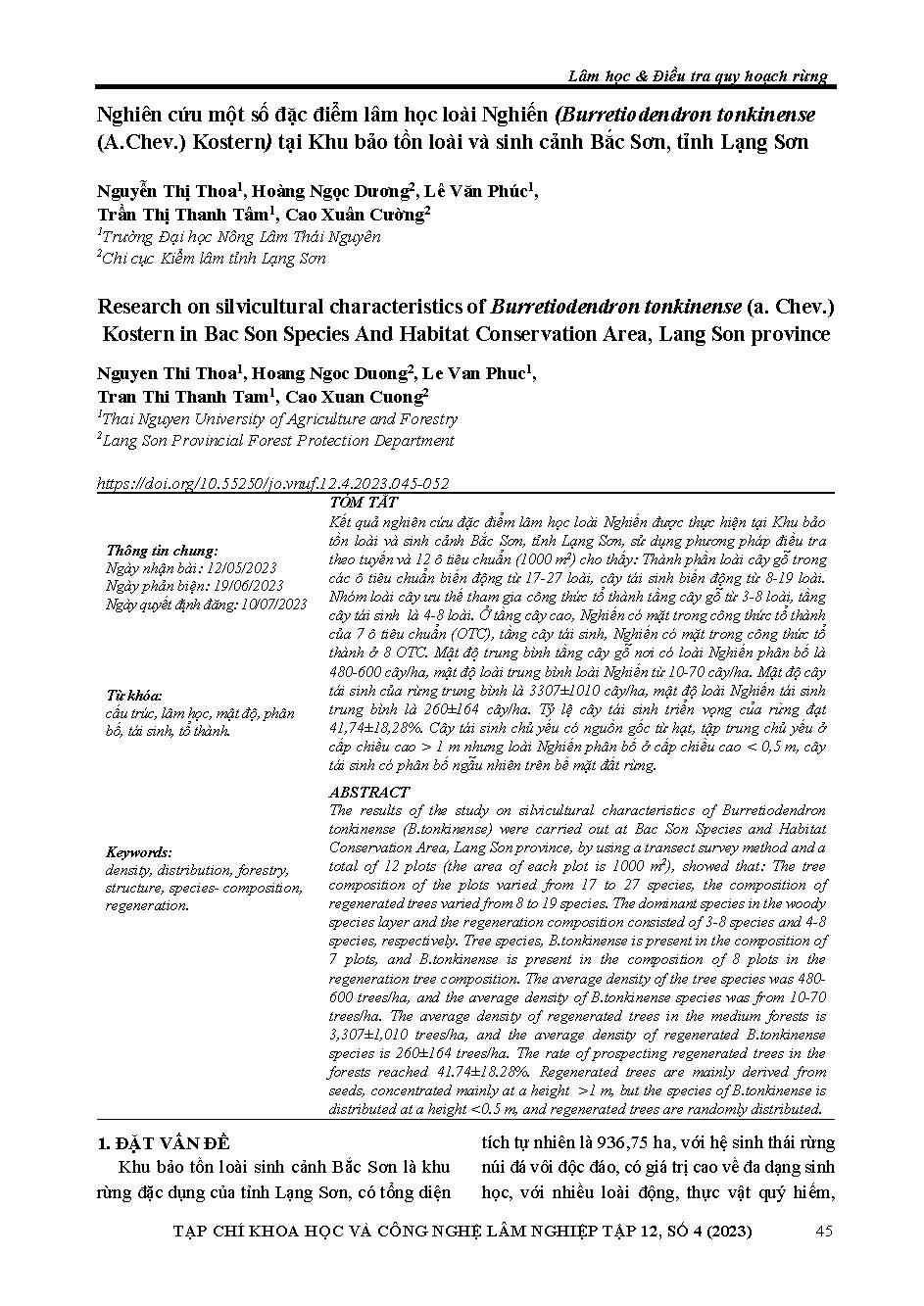 Nghiên cứu một số đặc điểm lâm học loài Nghiến (Burretiodendron tonkinense (A.Chev.) Kostern) tại Khu bảo tồn loài và sinh cảnh Bắc Sơn, tỉnh Lạng Sơn = Research on silvicultural characteristics of Burretiodendron tonkinense (a. Chev.) Kostern in Bac Son 