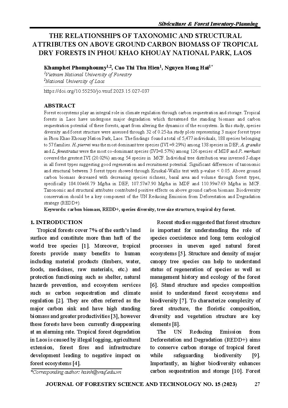 Quan hệ giữa các đặc trưng đa dạng loài và cấu trúc với sinh khối các bon trên mặt đất của rừng nhiệt đới khô ở vườn quốc gia phou khao khouay, Lào = The relationships of taxonomic and structural attributes on above ground carbon biomass of tropical dry f