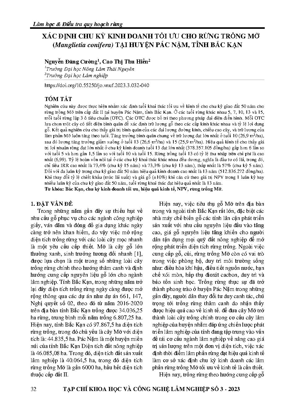 Xác định chu kỳ kinh doanh tối ưu cho rừng trồng mỡ (manglietia conifera) tại huyện pác nặm, tỉnh Bắc Kạn = Determining optimal rotation age of manglietia conifera stands in pac nam district, bac kan province