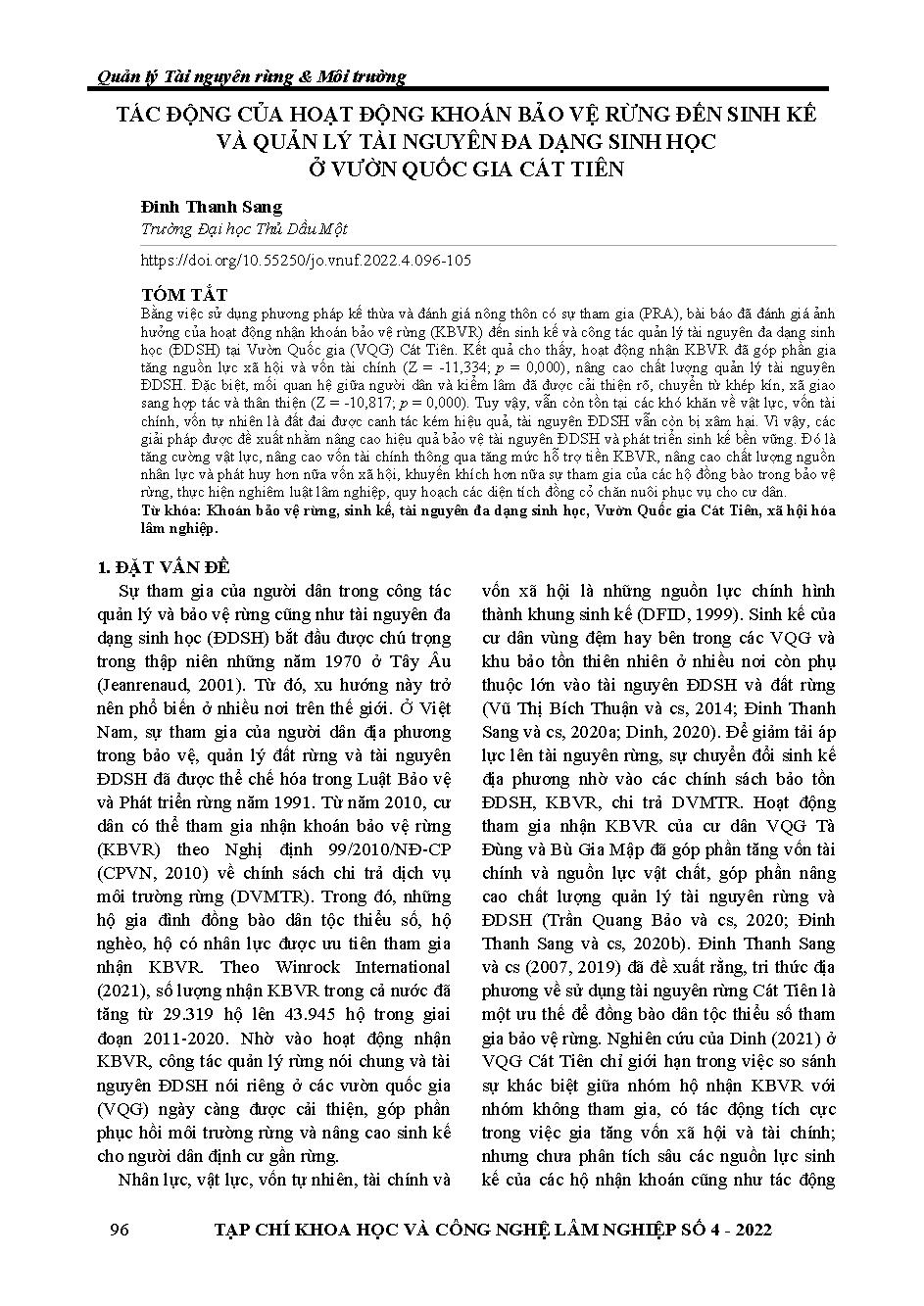 Tác động của hoạt động khoán bảo vệ rừng đến sinh kế và quản lý tài nguyên đa dạng sinh học ở vườn quốc gia cát tiên = Impacts of forest protection contracts on local livelihood and management of biodiversity resource in Cat Tien national park