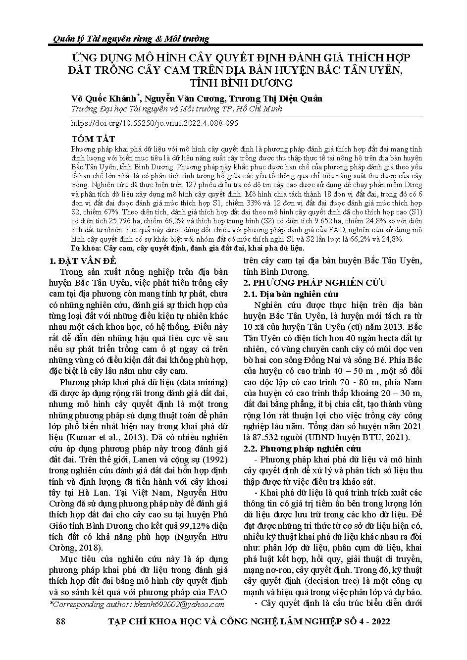 Ứng dụng mô hình cây quyết định đánh giá thích hợp đất trồng cây cam trên địa bàn huyện bắc tân uyên, tỉnh Bình Dương = Application of the decision tree model to evaluate the suitability of land for orange trees in bac tan uyen district, binh duong provin