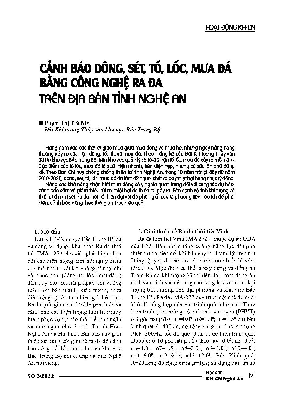 Cảnh báo dông, sét, tố, lốc, mưa đá bằng công nghệ ra đa trên địa bàn tỉnh Nghệ An
