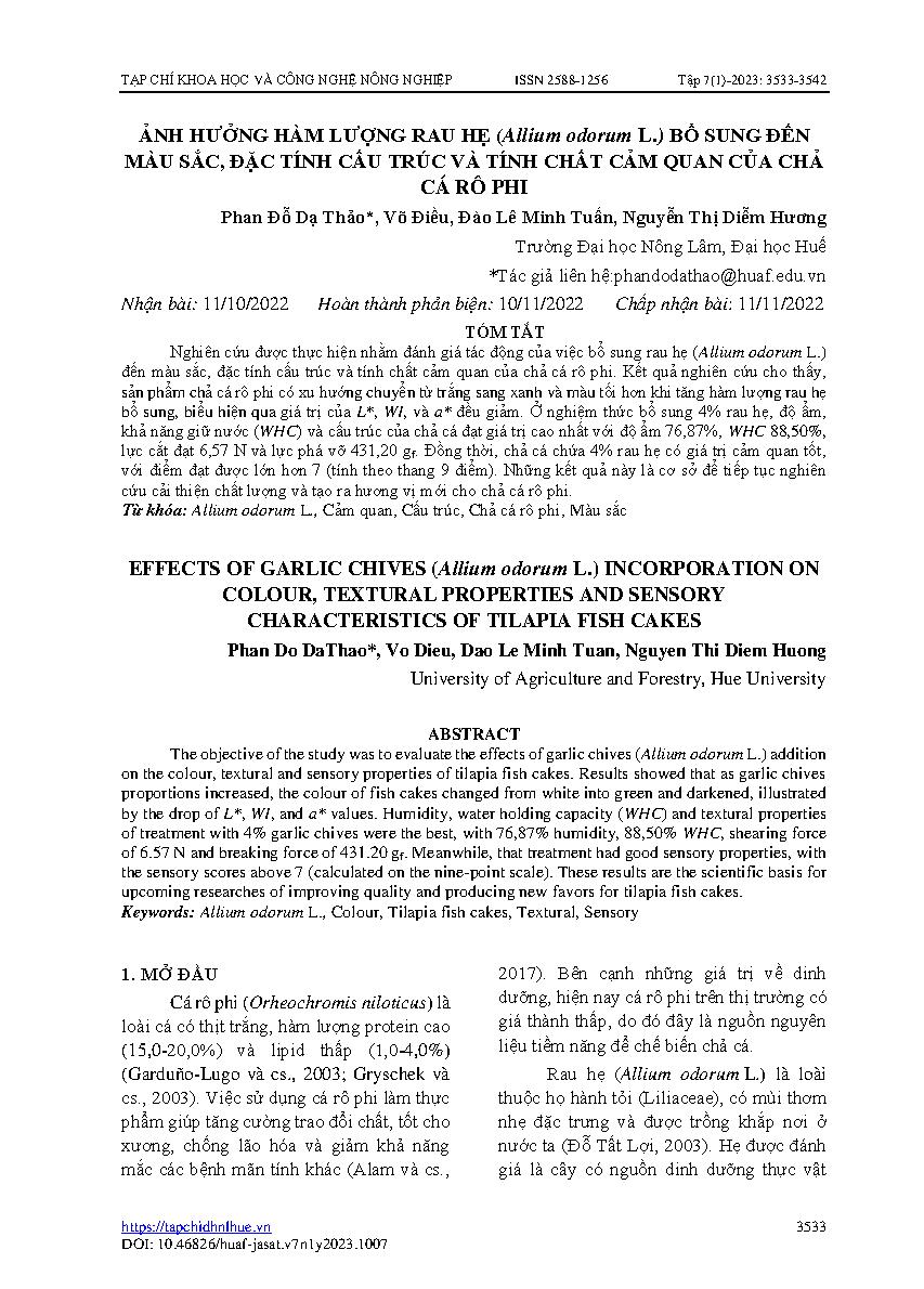 Ảnh hưởng hàm lượng rau hẹ (Allium odorum L.) bổ sung đến màu sắc, đặc tính cấu trúc và tính chất cảm quan của chả cá rô phi