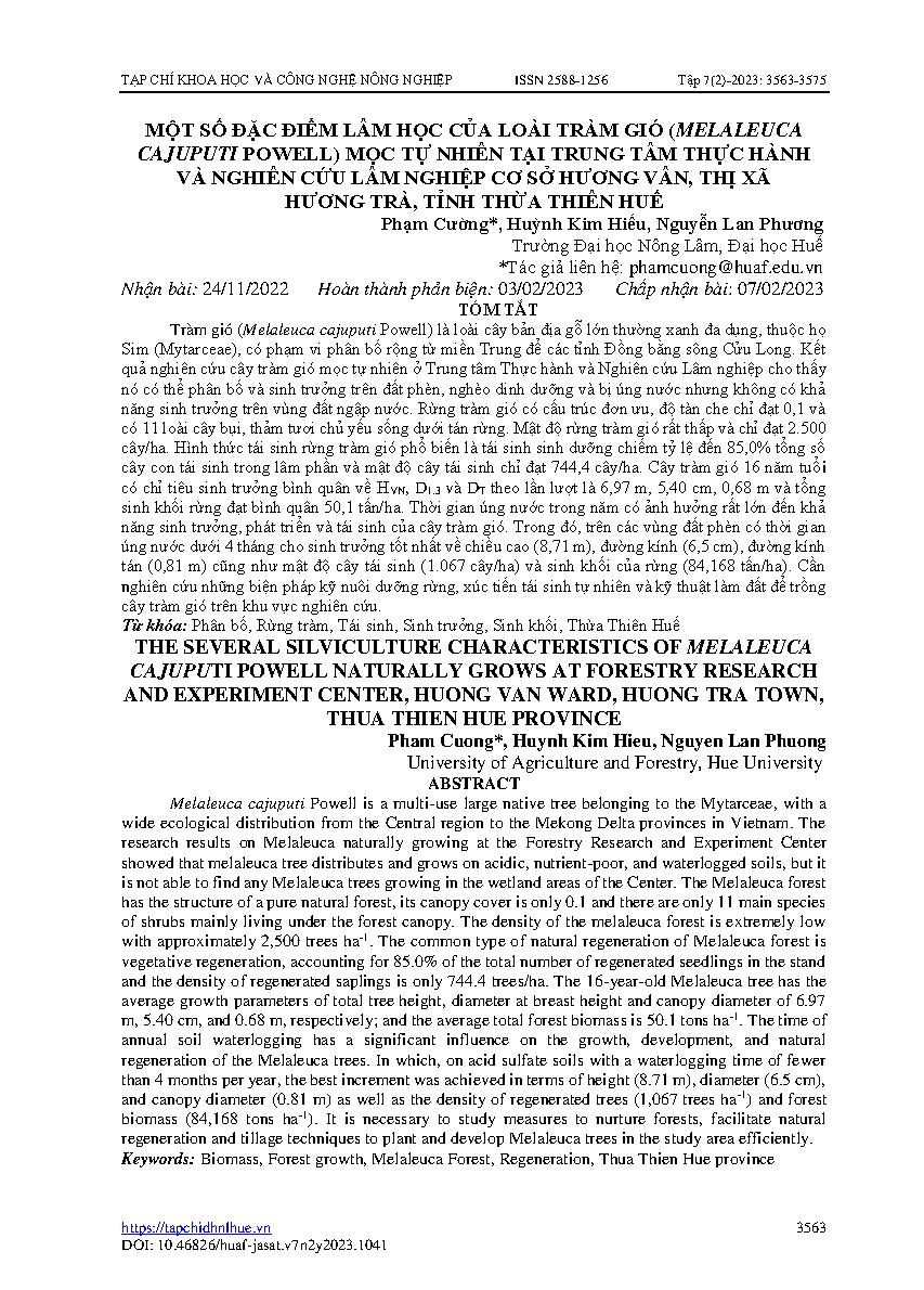 Một số đặc điểm lâm học của loài tràm gió (melaleuca cajuputi powell) mọc tự nhiên tại trung tâm thực hành và nghiên cứu lâm nghiệp cơ sở hương vân, thị xã hương trà, tỉnh Thừa Thiên Huế = The several silviculture characteristics of melaleuca cajuputi pow