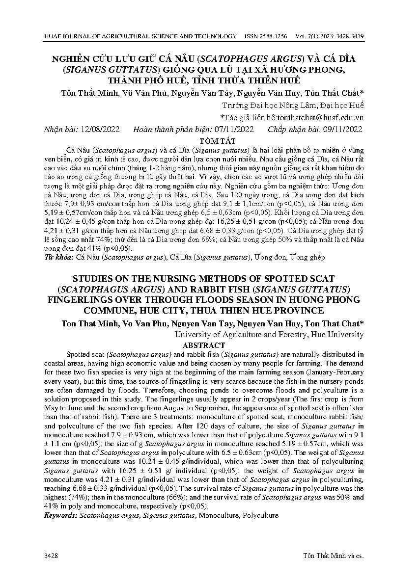 Nghiên cứu lưu giữ cá nâu (Scatophagus argus) và cá dìa (Siganus guttatus) giống qua lũ tại xã Hương Phong, thành phố Huế, tỉnh Thừa Thiên Huế