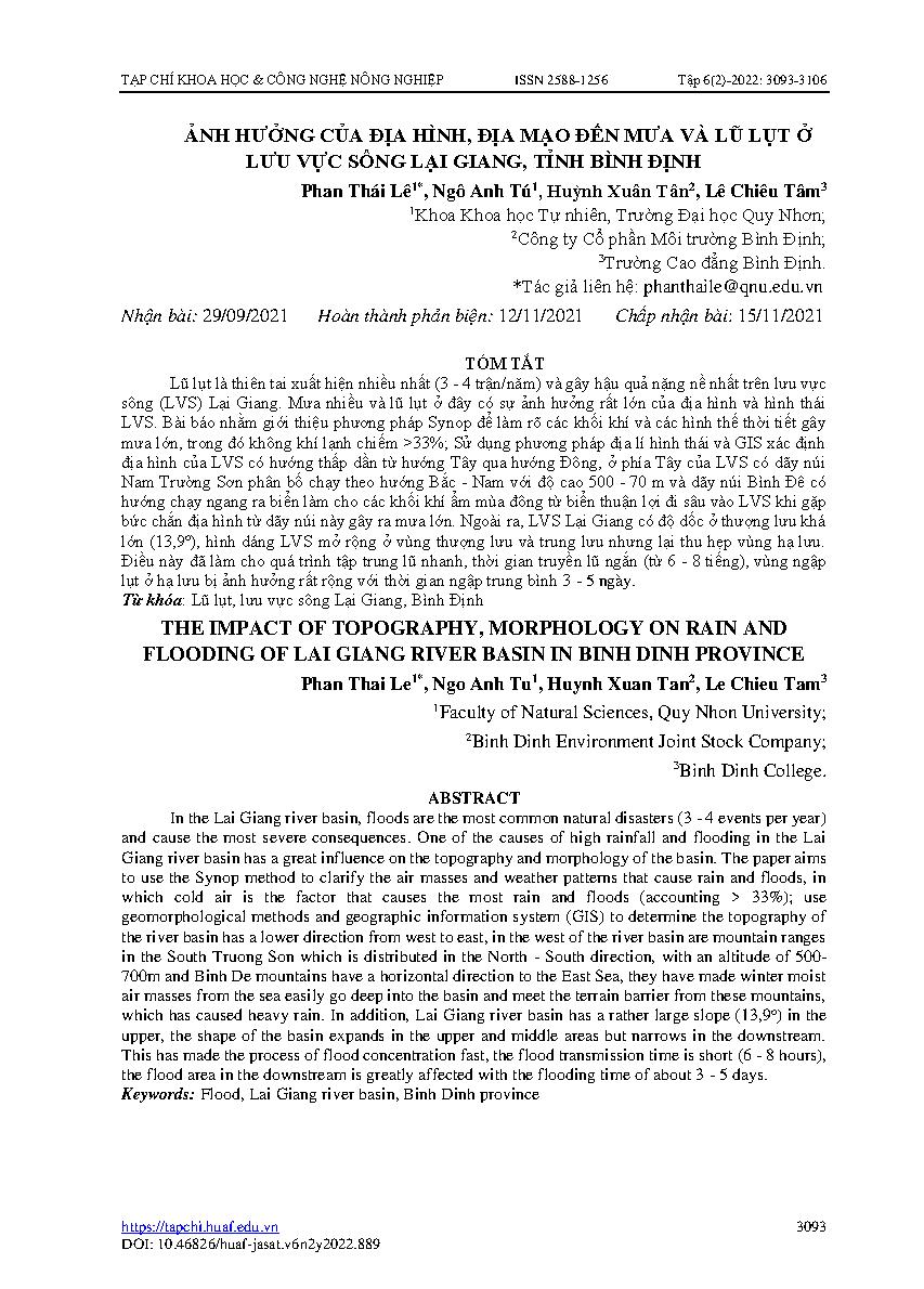 Ảnh hưởng của địa hình, địa mạo đến mưa và lũ lụt ở lưu vực sông lại giang, tỉnh Bình Định = The impact of topography, morphology on rain and flooding of lai giang river basin in binh dinh province