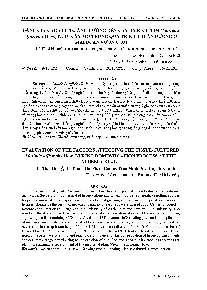 Đánh giá các yếu tố ảnh hưởng đến cây ba kích tím (morinda officinalis how.) nuôi cấy mô trong quá trình thuần dưỡng ở giai đoạn vườn ươm = Evaluation of the factors affecting the tissue-cultured morinda officinalis how. during domestication process at t