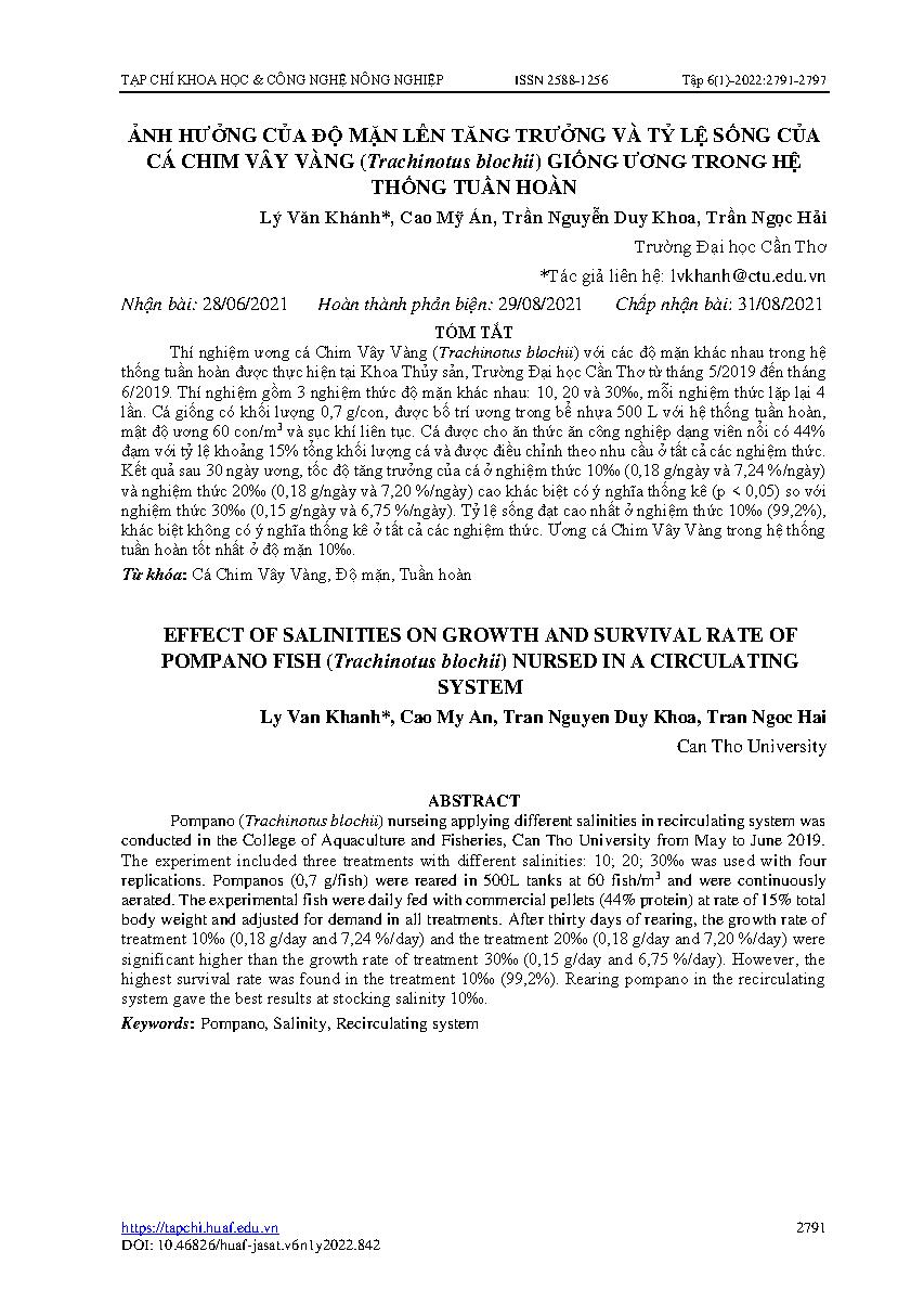 Ảnh hưởng của độ mặn lên tăng trưởng và tỷ lệ sống của cá chim vây vàng (Trachinotus blochii) giống ương trong hệ thống tuần hoàn = Effect of salinities on growth and survival rate of pompano fish (trachinotus blochii) nursed in a circulating system
