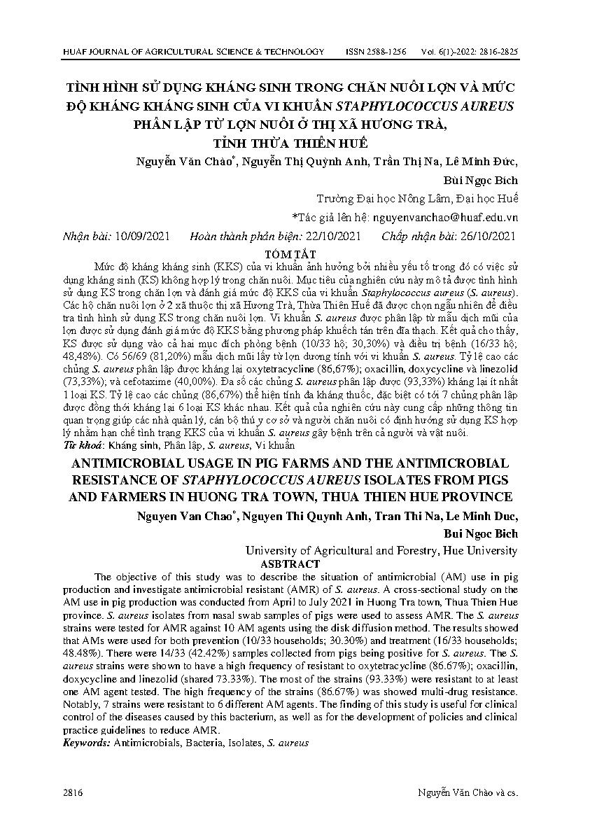 Tình hình sử dụng kháng sinh trong chăn nuôi lợn và mức độ kháng kháng sinh của vi khuẩn staphylococcus aureus phân lập từ lợn nuôi ở thị xã Hương Trà, tỉnh Thừa Thiên Huế = Antimicrobial usage in pig farms and the antimicrobial resistance of staphylococc